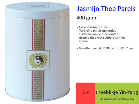 Jasmijn Thee Parels in Luxe Theeblik Yin Yang (400 gr)